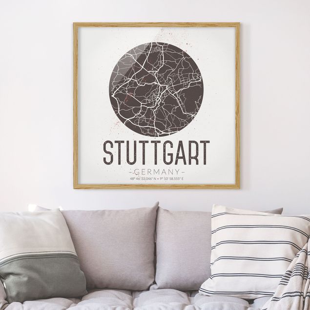 Obrazy w ramie do korytarzu Mapa miasta Stuttgart - Retro