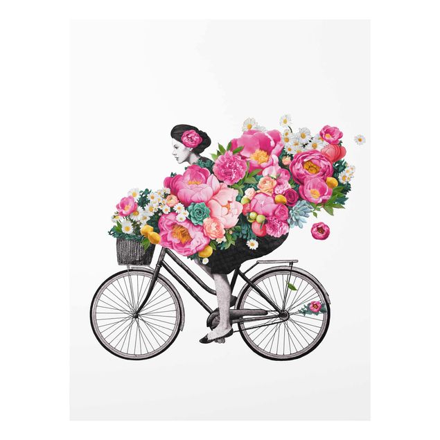 Obrazy nowoczesny Ilustracja Kobieta na rowerze Kolaż kolorowych kwiatów