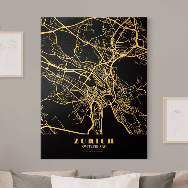 Obrazy z napisami Mapa miasta Zurych - Klasyczna czerń