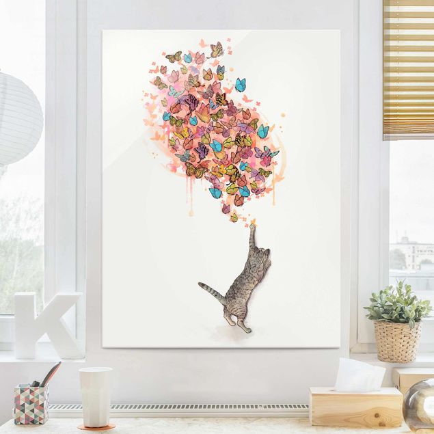 Obrazy zwierzęta Ilustracja kot z kolorowymi motylami malarstwo