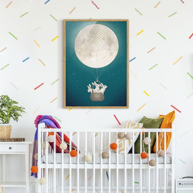 Obrazy w ramie do korytarzu Ilustracja królik Księżyc Balon na ogrzane powietrze Gwieździste niebo