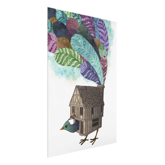 Obrazy do salonu nowoczesne Ilustracja domku dla ptaków z piórami