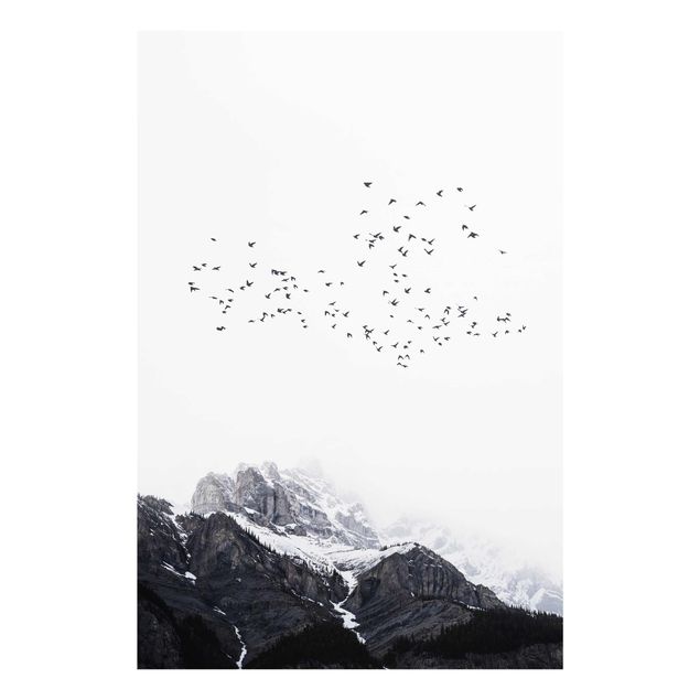 Obrazy na szkle zwierzęta Stado ptaków na tle gór czarno-biały