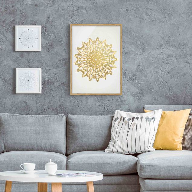 Obrazy w ramie do korytarzu Mandala Sun Illustration białe złoto