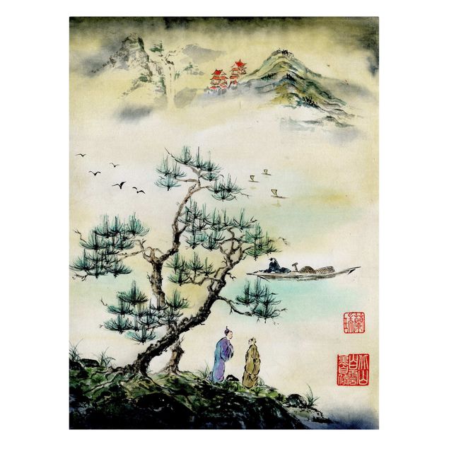Obrazy krajobraz Japońska akwarela Drzewo sosnowe i górska wioska