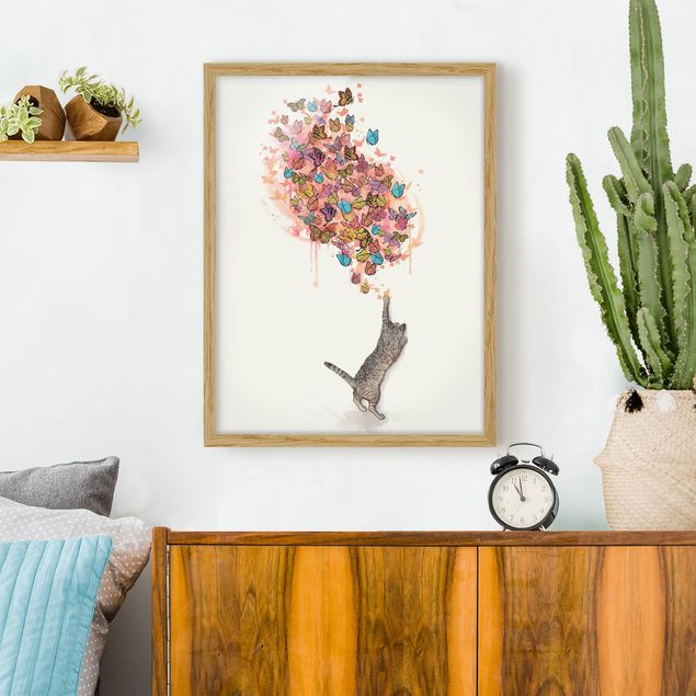 Dekoracja do kuchni Ilustracja kot z kolorowymi motylami malarstwo