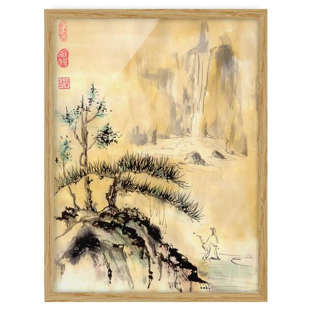 Obrazy w ramie do łazienki Japońska akwarela Rysowanie cedrów i gór