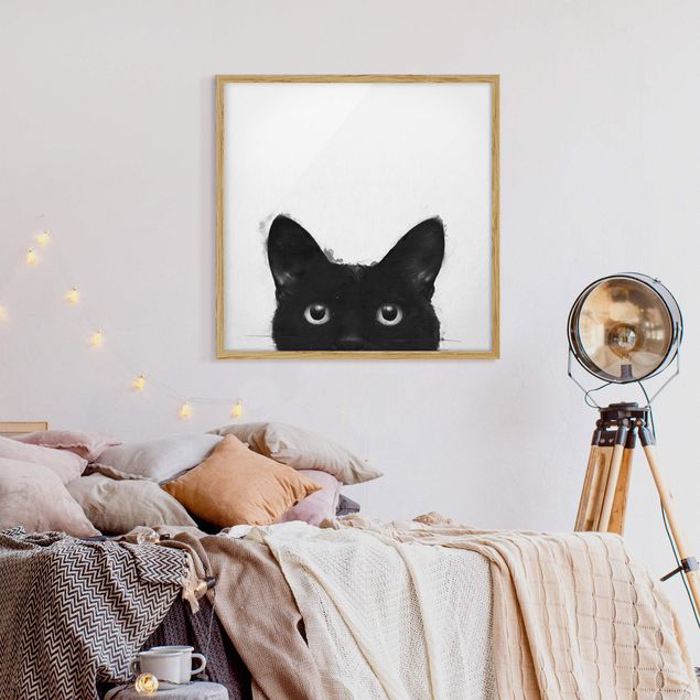 Obrazy w ramie do łazienki Ilustracja czarnego kota na białym obrazie