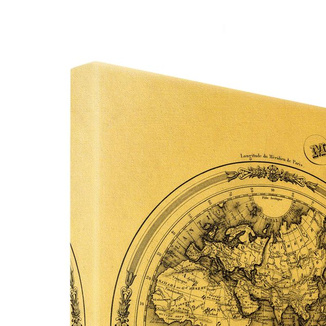 Złoty obraz na płótnie - Mapa świata - francuska mapa półkul z 1848 r.