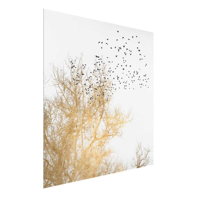 Obrazy na szkle zwierzęta Stado ptaków na tle złotego drzewa