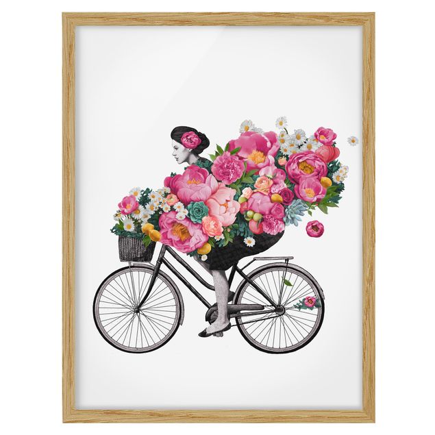 Obrazy w ramie do kuchni Ilustracja Kobieta na rowerze Kolaż kolorowych kwiatów