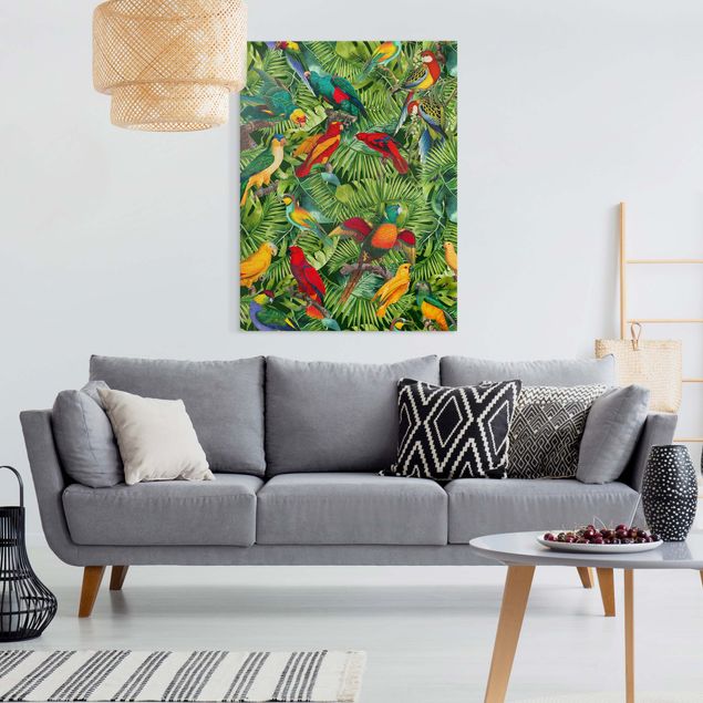 Obrazy do salonu nowoczesne Kolorowy kolaż - Papugi w dżungli