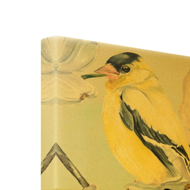 Złoty obraz na płótnie - Kolorowe ptaki na gałązce magnolii II