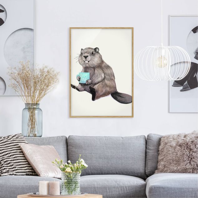 Obrazy w ramie do korytarzu Ilustracja przedstawiająca bobra z filiżanką kawy