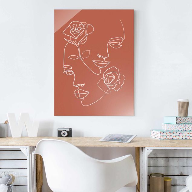 Obrazy na szkle róże Line Art Twarze kobiet Róże Miedź