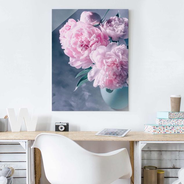 Obrazy na szkle róże Wazon z różowymi peoniami Shabby