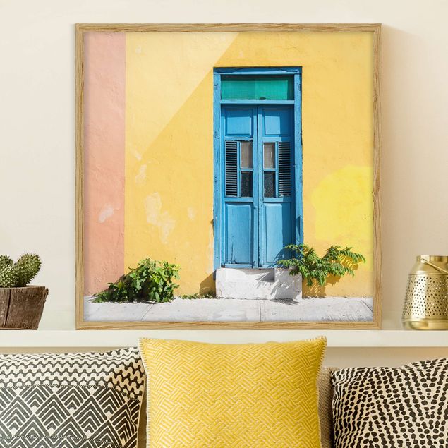Dekoracja do kuchni Kolorowa ściana Niebieskie drzwi