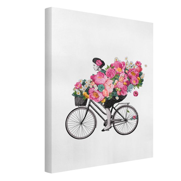 Obrazy nowoczesny Ilustracja Kobieta na rowerze Kolaż kolorowych kwiatów