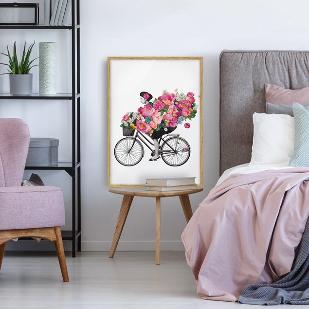 Obrazy w ramie do łazienki Ilustracja Kobieta na rowerze Kolaż kolorowych kwiatów