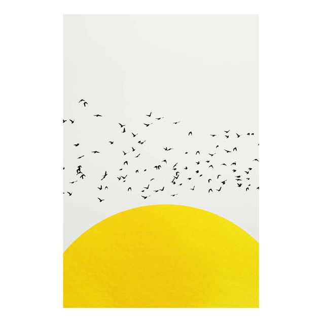 Obrazy na szkle zwierzęta Stado ptaków na tle żółtego słońca