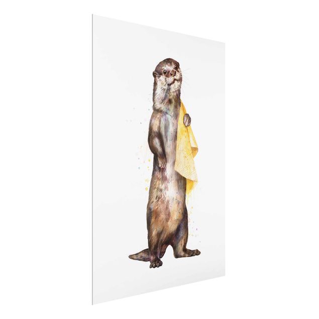 Obrazy na szkle zwierzęta Ilustracja Wydra z ręcznikiem malowana na biało