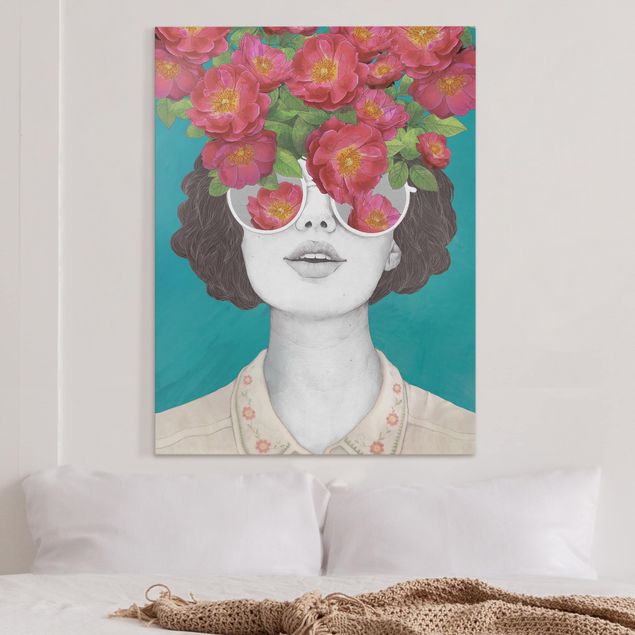 Obrazy artystów Ilustracja portret kobiety Kolaż z kwiatami Okulary