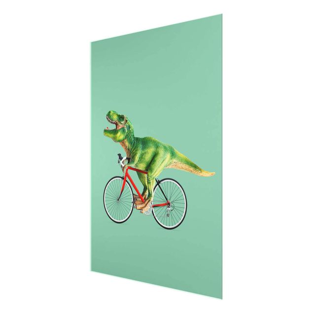 Obrazy na szkle zwierzęta Dinozaur z rowerem