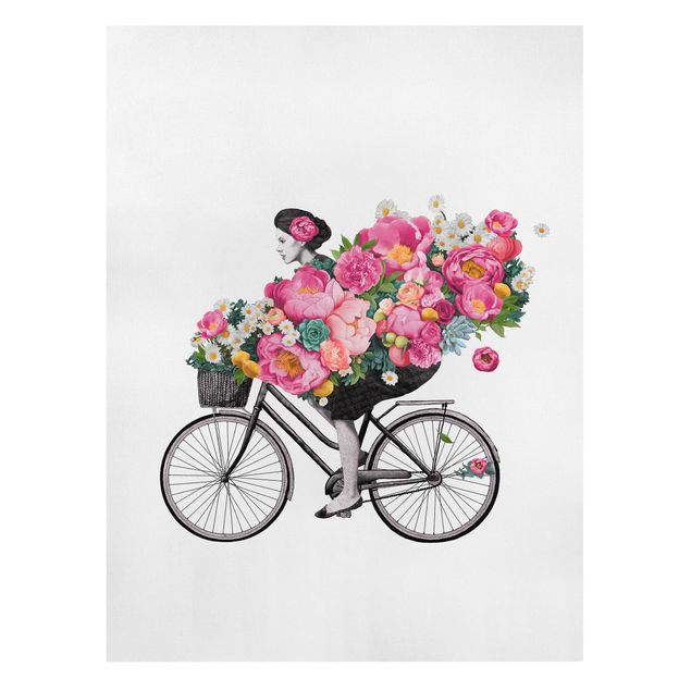 Obrazy portret Ilustracja Kobieta na rowerze Kolaż kolorowych kwiatów