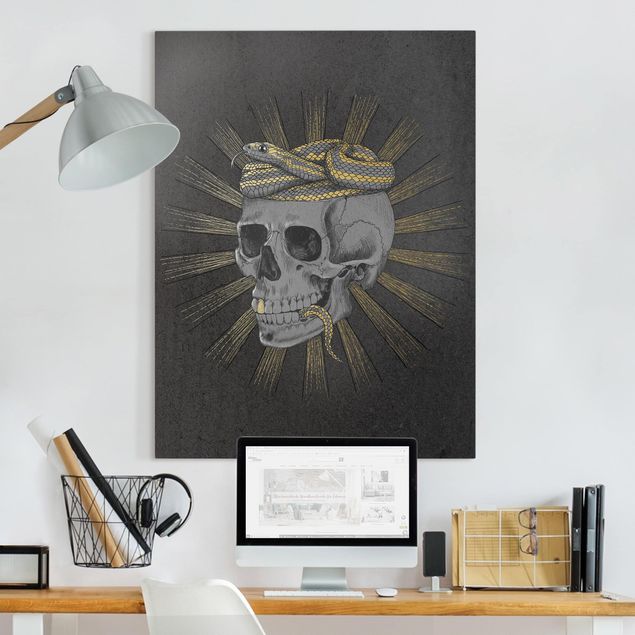 Laura Graves Art obrazy Ilustracja czaszki i węża Czarne złoto