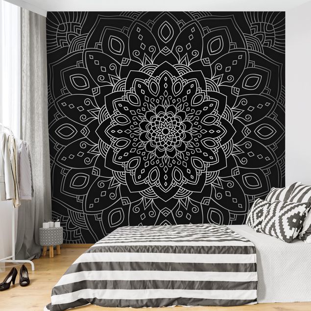 Tapety ornament Mandala wzór w kwiaty srebrno-czarny