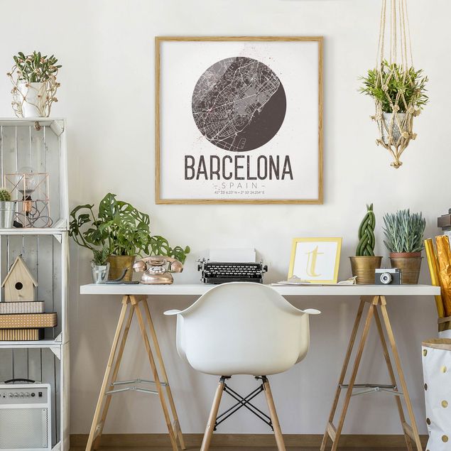 Obrazy w ramie do łazienki Mapa miasta Barcelona - Retro