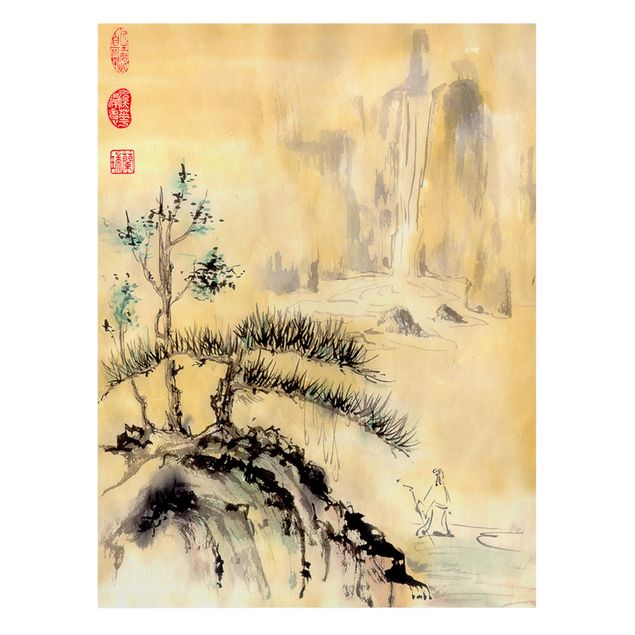 Obrazy na ścianę krajobrazy Japońska akwarela Rysowanie cedrów i gór