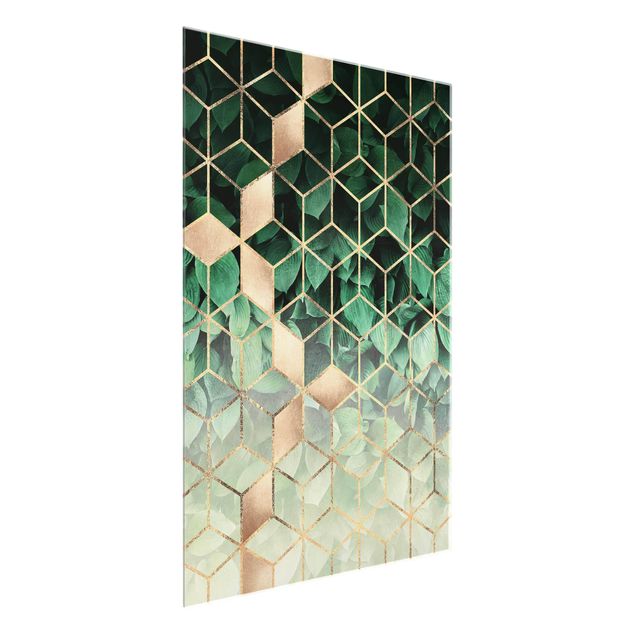 Obrazy na szkle abstrakcja Zielone liście złota geometria