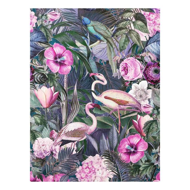 Obrazy do salonu nowoczesne Kolorowy kolaż - Różowe flamingi w dżungli