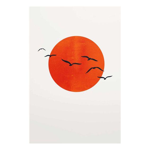 Obrazy na szkle zwierzęta Stado ptaków na tle czerwonego słońca I