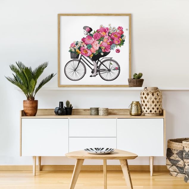 Obrazy w ramie do łazienki Ilustracja Kobieta na rowerze Kolaż kolorowych kwiatów