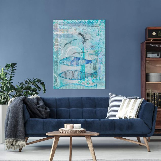 Obrazy nowoczesne Kolorowy kolaż - Niebieskie rybki