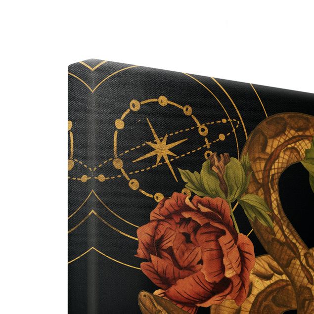 Złoty obraz na płótnie - Wąż z różami Czarno-złoty IV