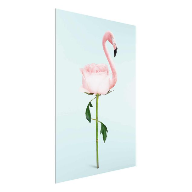Obrazy na szkle portret Flamingo z różą