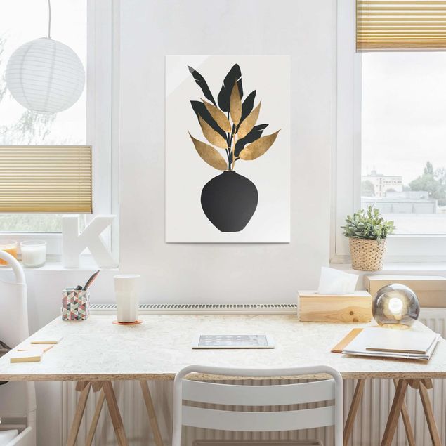 Obrazy na szkle portret Graficzny świat roślin - złoto i czerń