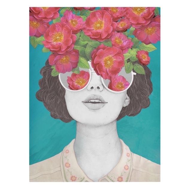 Obrazy nowoczesne Ilustracja portret kobiety Kolaż z kwiatami Okulary