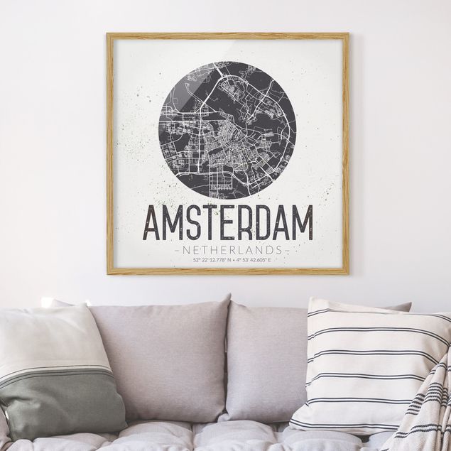 Obrazy w ramie do korytarzu Mapa miasta Amsterdam - Retro