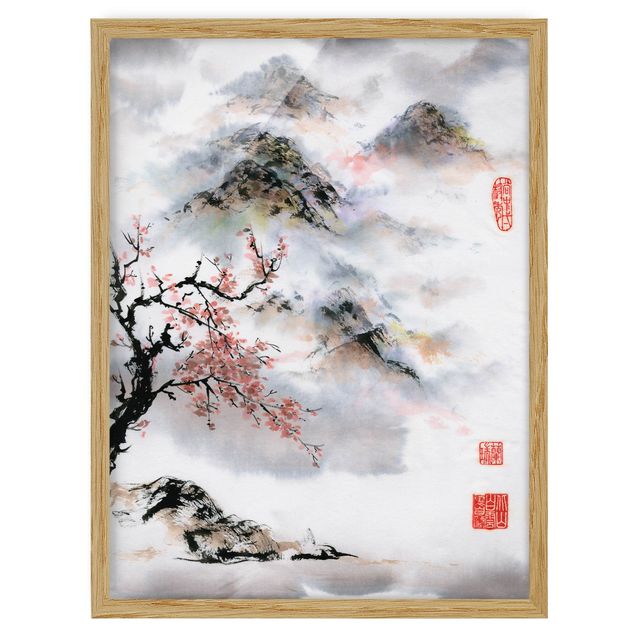 Obrazy w ramie do łazienki Japońska akwarela Drzewo wiśniowe i góry