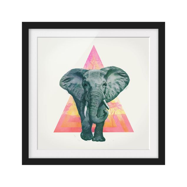 Obrazy w ramie do łazienki Ilustracja przedstawiająca słonia na tle trójkątnego obrazu