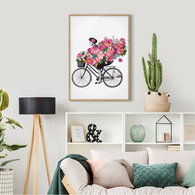 Obrazy w ramie do korytarzu Ilustracja Kobieta na rowerze Kolaż kolorowych kwiatów