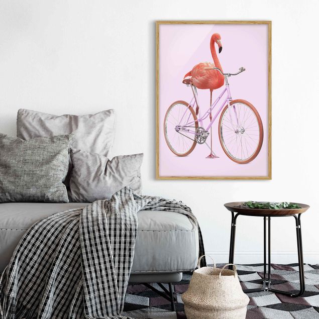 Obrazy w ramie artystyczny Flamingo z rowerem