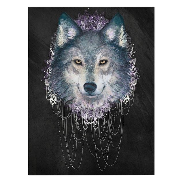 Obrazy ze zwierzętami Ilustracja wilka z boho łowcą snów Czarna