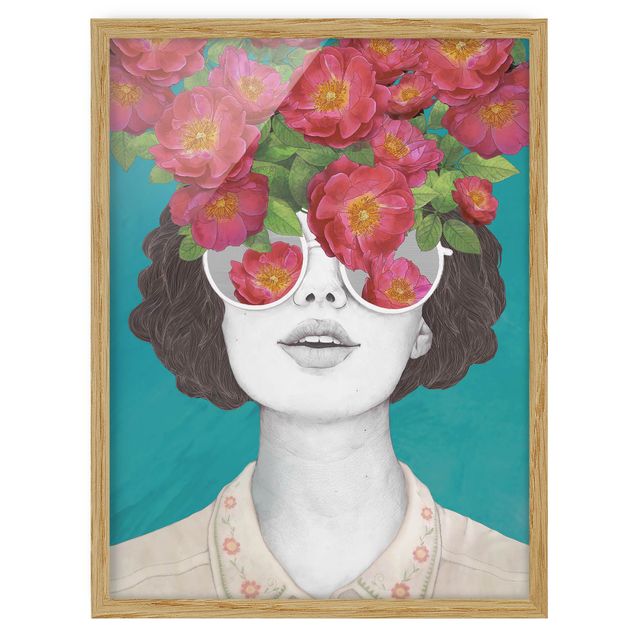 Obrazy w ramie do kuchni Ilustracja portret kobiety Kolaż z kwiatami Okulary