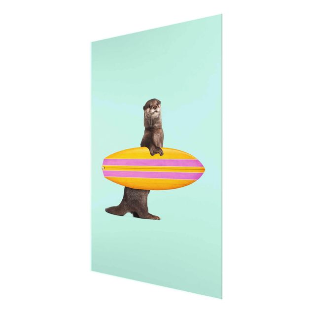 Obrazy na szkle zwierzęta Otter z deską surfingową