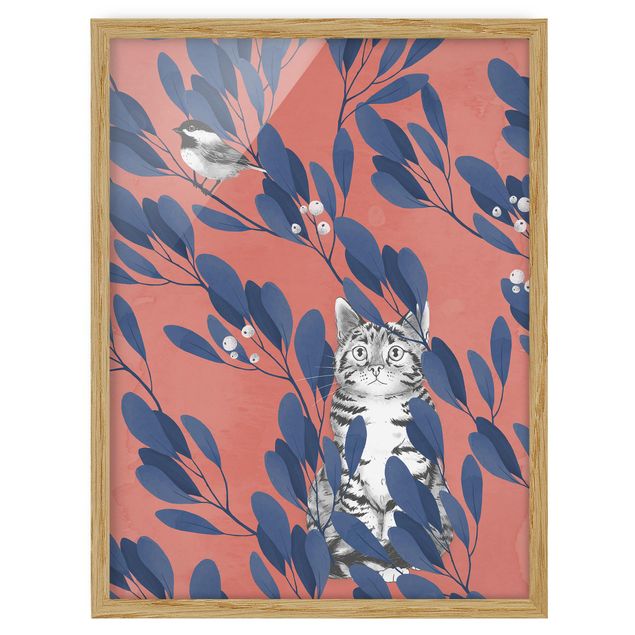 Obrazy koty Ilustracja przedstawiająca kota i ptaka na gałęzi Niebieskoczerwony